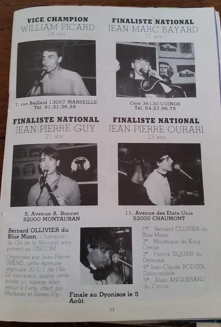 Page de programme : les finalistes nationaux, et Bernard Ollivier du Blue Moon, champion de l’île de la Réunion.