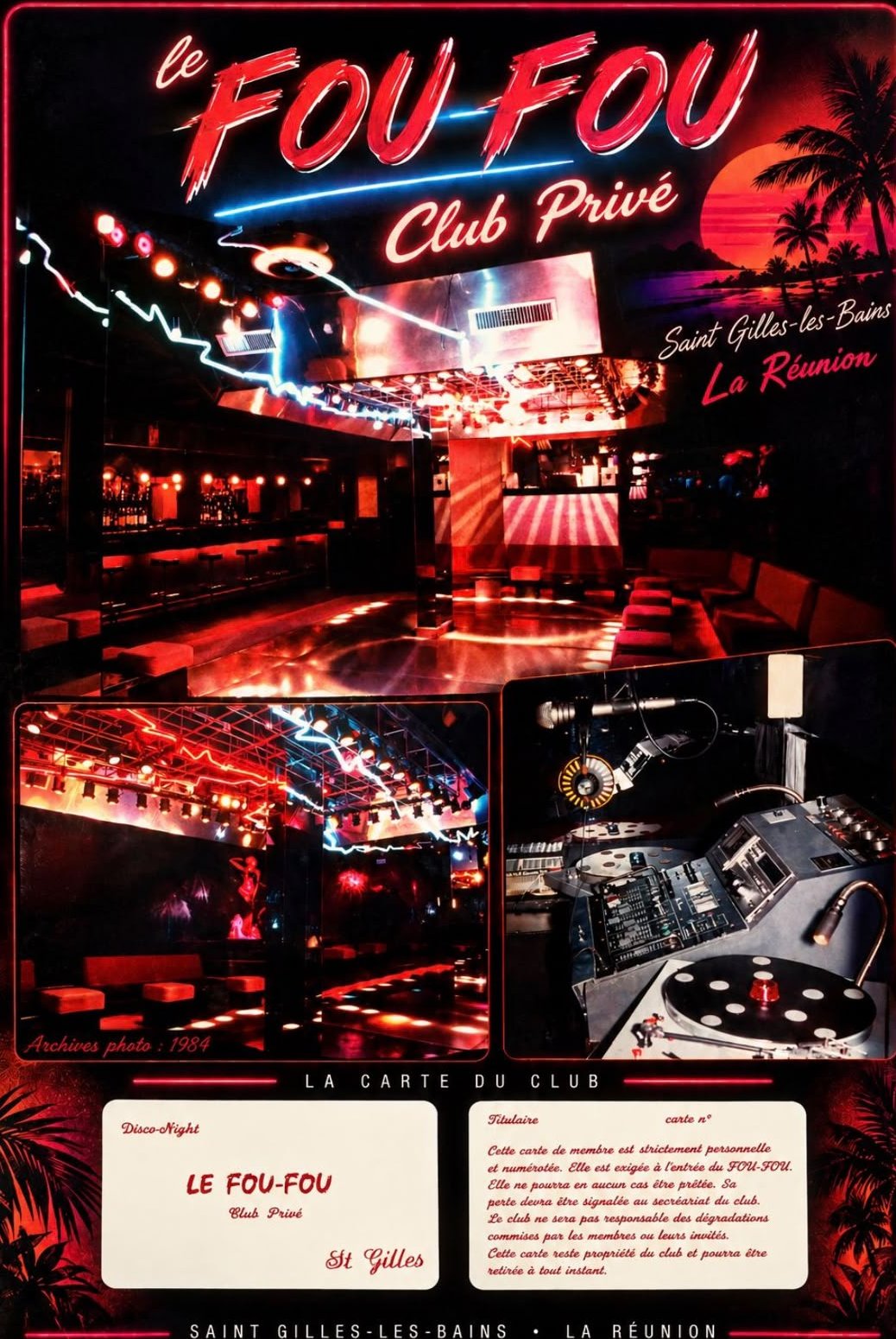 L'affiche du Fou Fou, club privé à Saint-Gilles-les-Bains, avec la carte du club